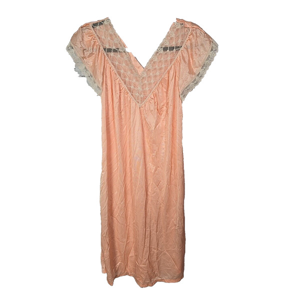 Vintage Womens Peach V-Neck Lace Short Sleeve Nightgown Sleepwear Size Large - Picture 1 of 4